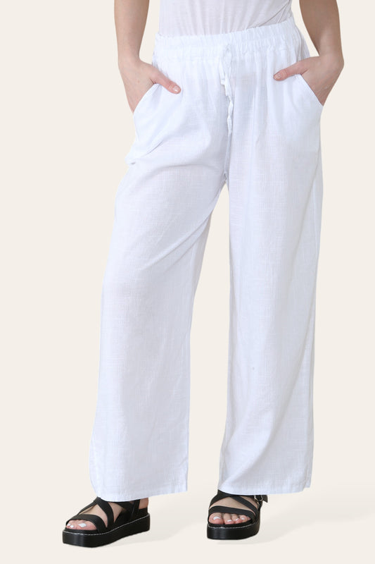 BROEK VAN KATOEN EN LINNEN MET ELASTISCHE TAILLE WIT