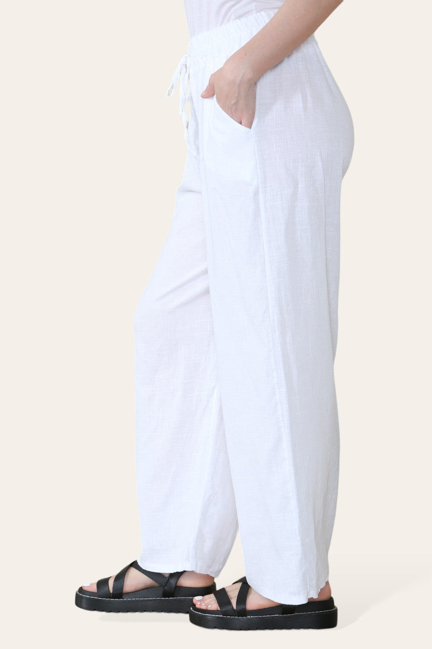 ELASTICATED WAIST COTTON LINEN TROUSERS WHITE