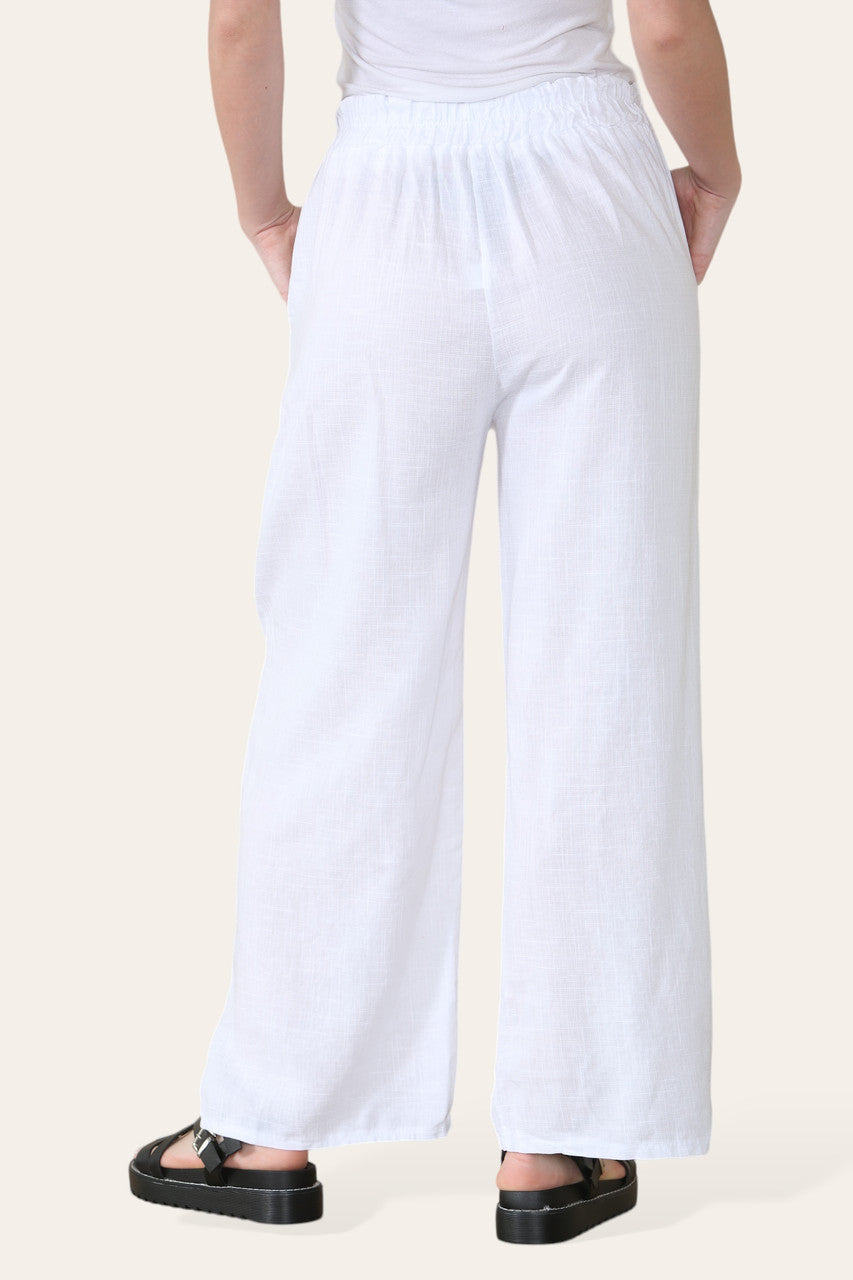 ELASTICATED WAIST COTTON LINEN TROUSERS WHITE