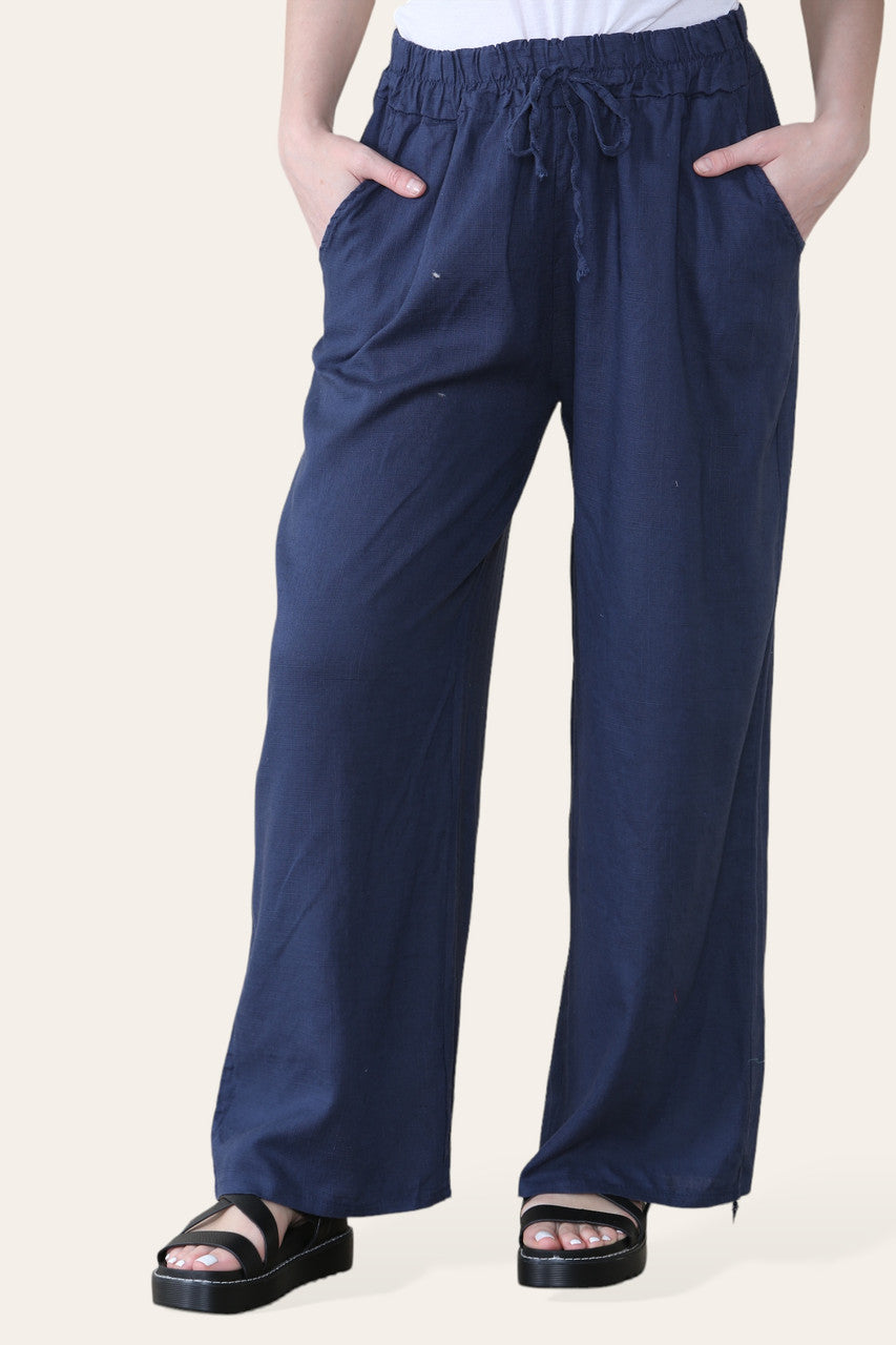 ELASTICATED WAIST COTTON LINEN TROUSERS NAVY