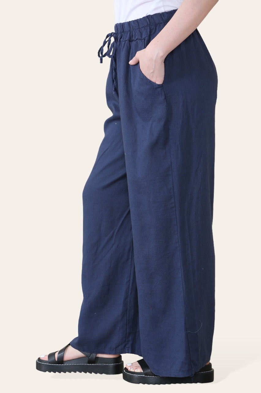 ELASTICATED WAIST COTTON LINEN TROUSERS NAVY