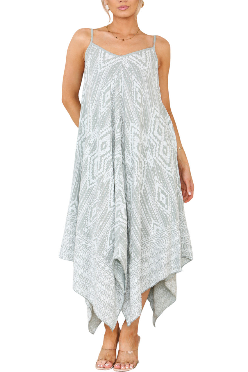 AZTEC PRINT HANKY HEM STRAPPY DRESS KHAKI