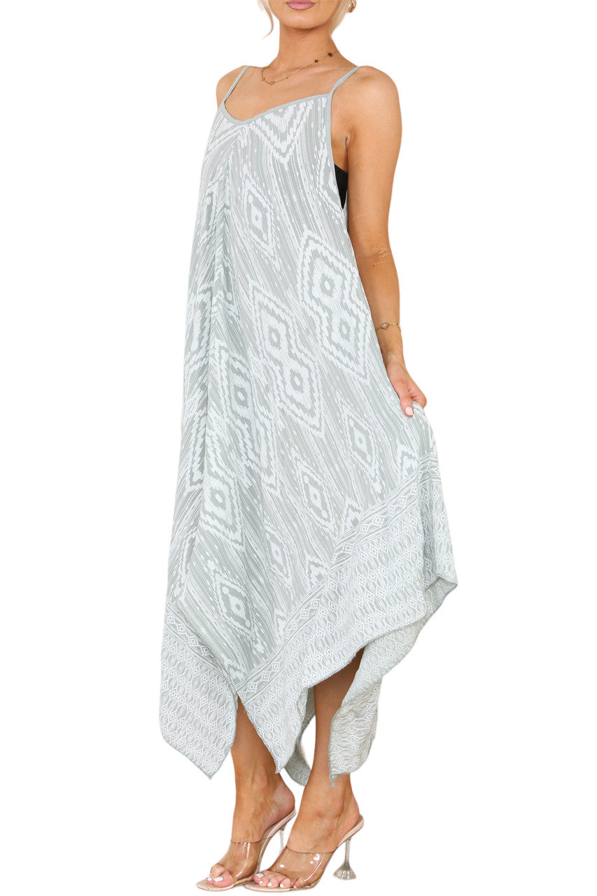 AZTEC PRINT HANKY HEM STRAPPY DRESS KHAKI