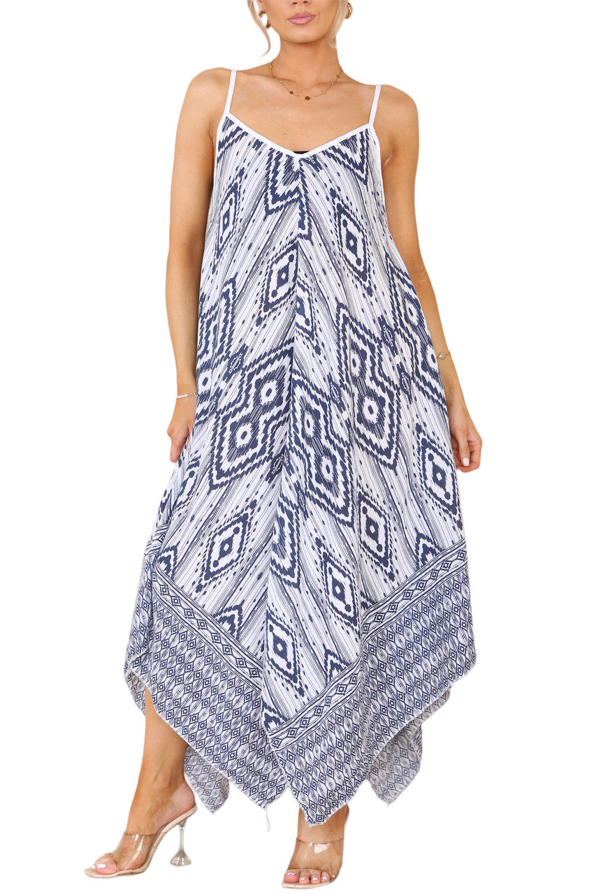 WITTE STRAPPY JURK MET AZTEEKSE PRINT EN ZWALUWSTAARTZOOM