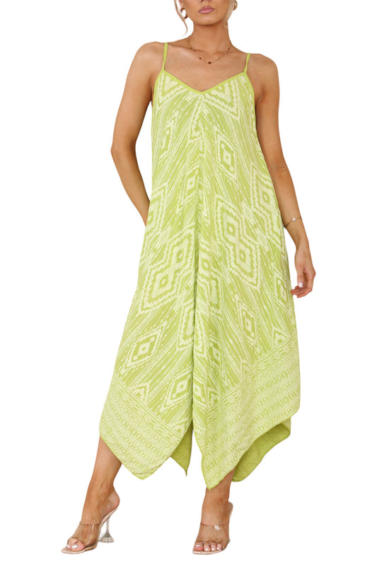 AZTEKENPRINT JURK MET ZAKDOEKENZOOM EN SPAGHETTI BANDJES LIME