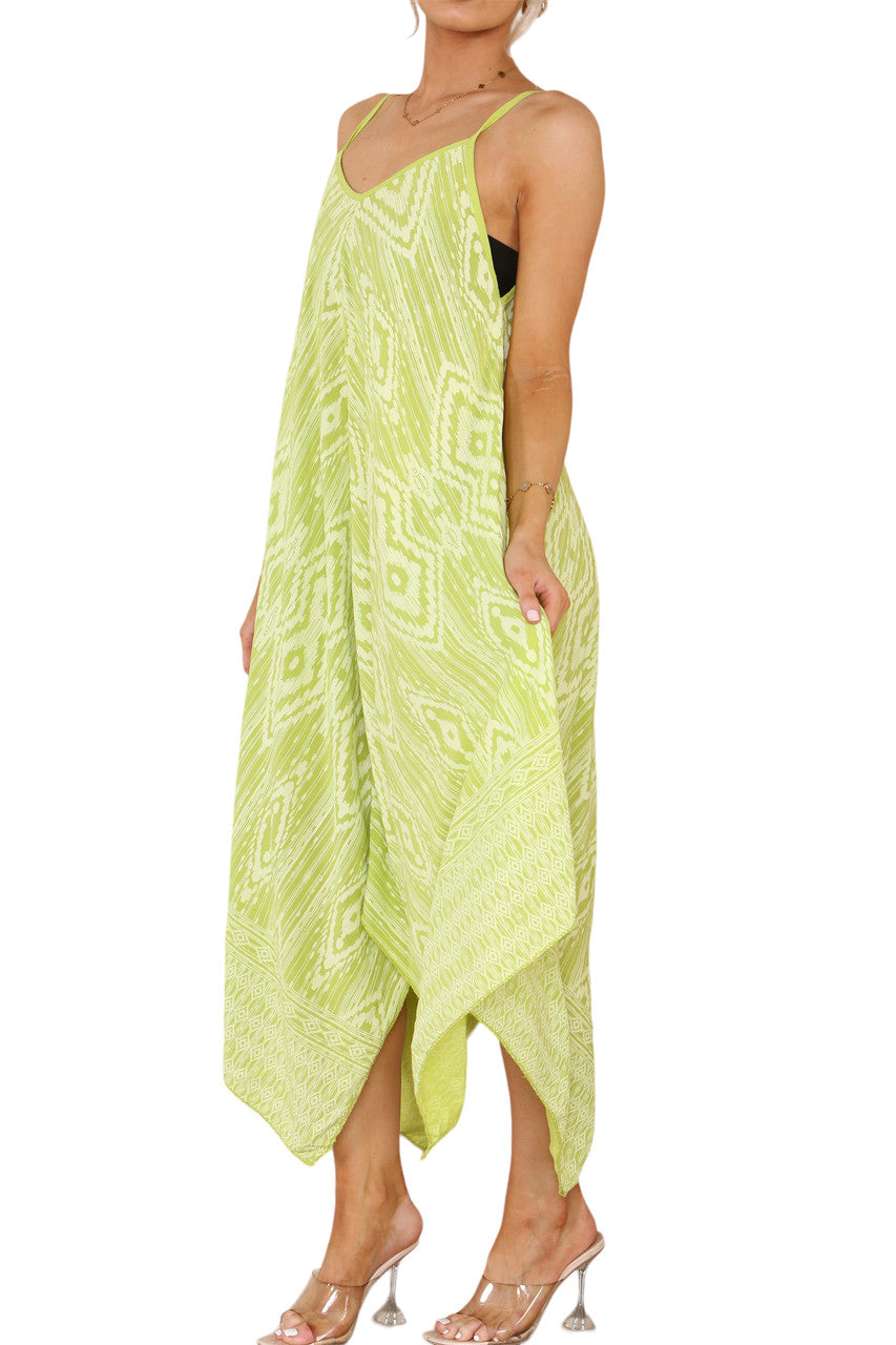AZTEKENPRINT JURK MET ZAKDOEKENZOOM EN SPAGHETTI BANDJES LIME