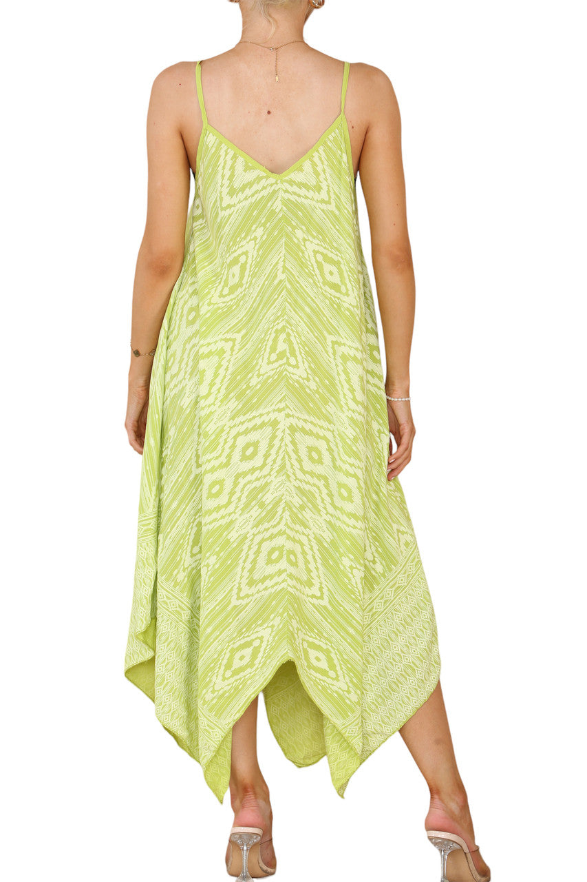 AZTEKENPRINT JURK MET ZAKDOEKENZOOM EN SPAGHETTI BANDJES LIME