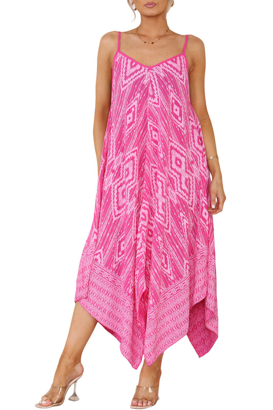 AZTEC PRINT JURK MET SPAGHETTIBANDJES EN ZAKDOEKZOOM KERSENROOD