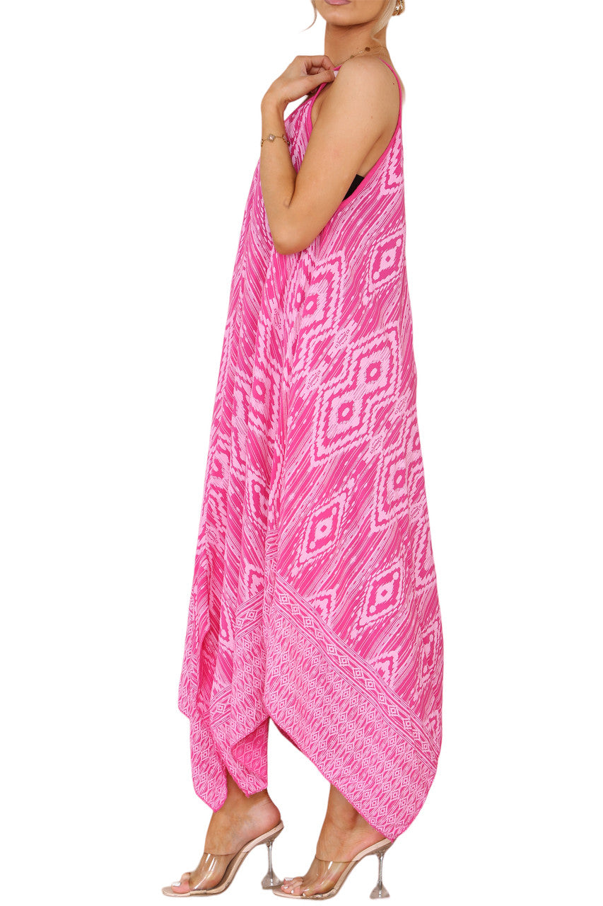 AZTEC PRINT JURK MET SPAGHETTIBANDJES EN ZAKDOEKZOOM KERSENROOD