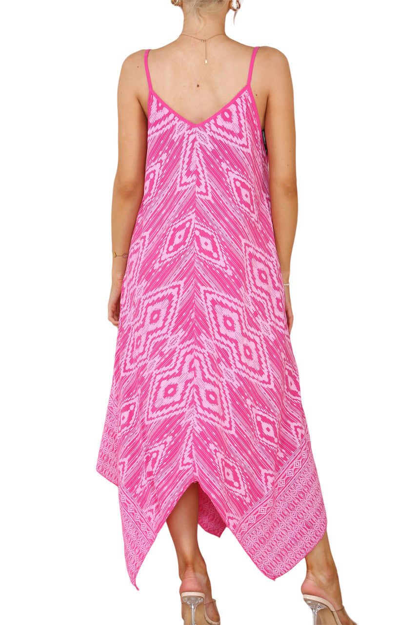 AZTEC PRINT JURK MET SPAGHETTIBANDJES EN ZAKDOEKZOOM KERSENROOD