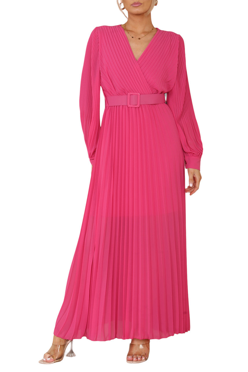 Ladies Pleated Wrap Style Maxi Dress With Belt Cerise