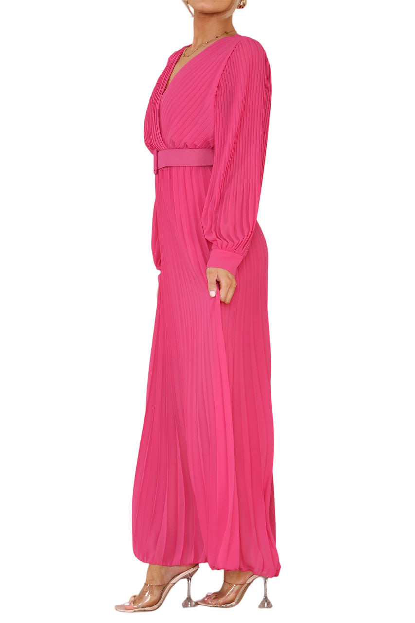 Ladies Pleated Wrap Style Maxi Dress With Belt Cerise