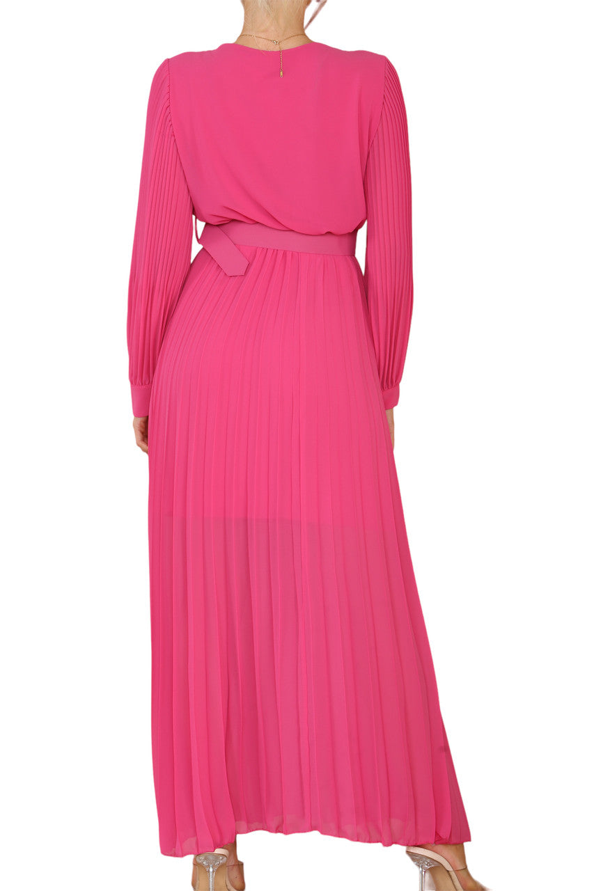 Ladies Pleated Wrap Style Maxi Dress With Belt Cerise