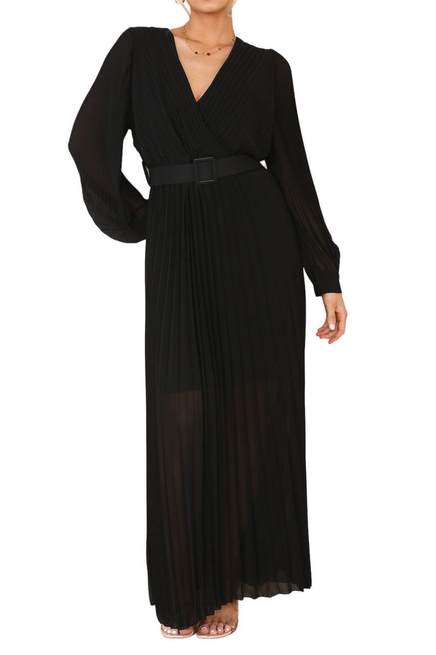 Ladies Pleated Wrap Style Maxi Dress With Belt Black