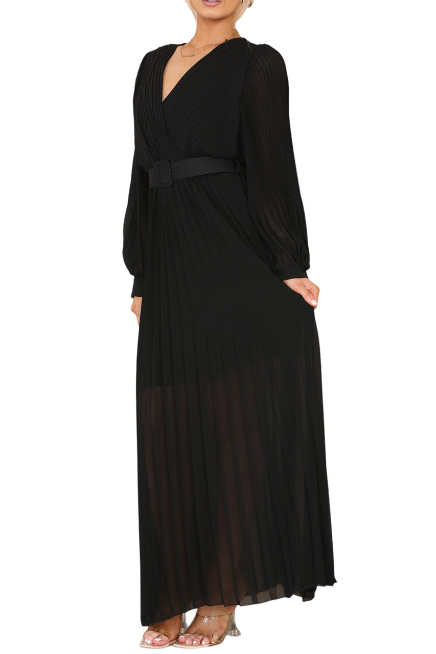 Ladies Pleated Wrap Style Maxi Dress With Belt Black