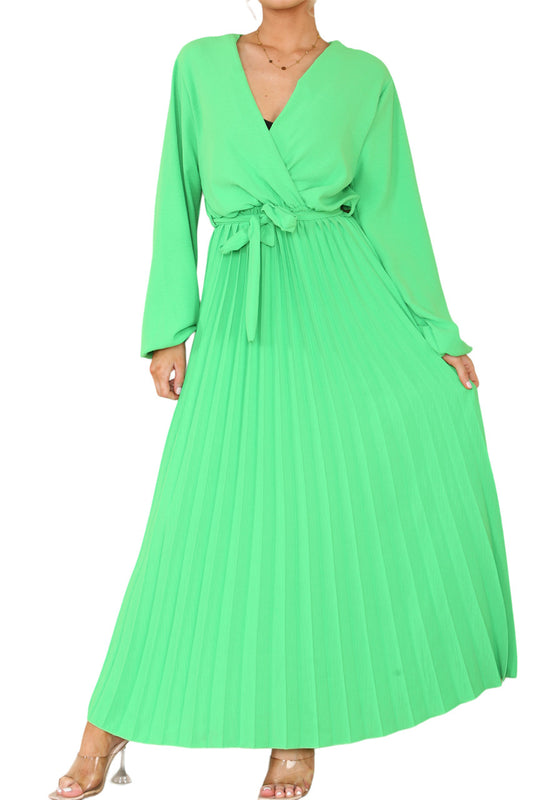PLAIN PLEATED BOTTOM BELTED WRAP STYLE DRESS GREEN