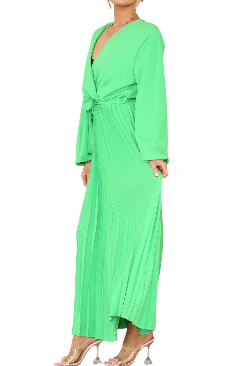 PLAIN PLEATED BOTTOM BELTED WRAP STYLE DRESS GREEN
