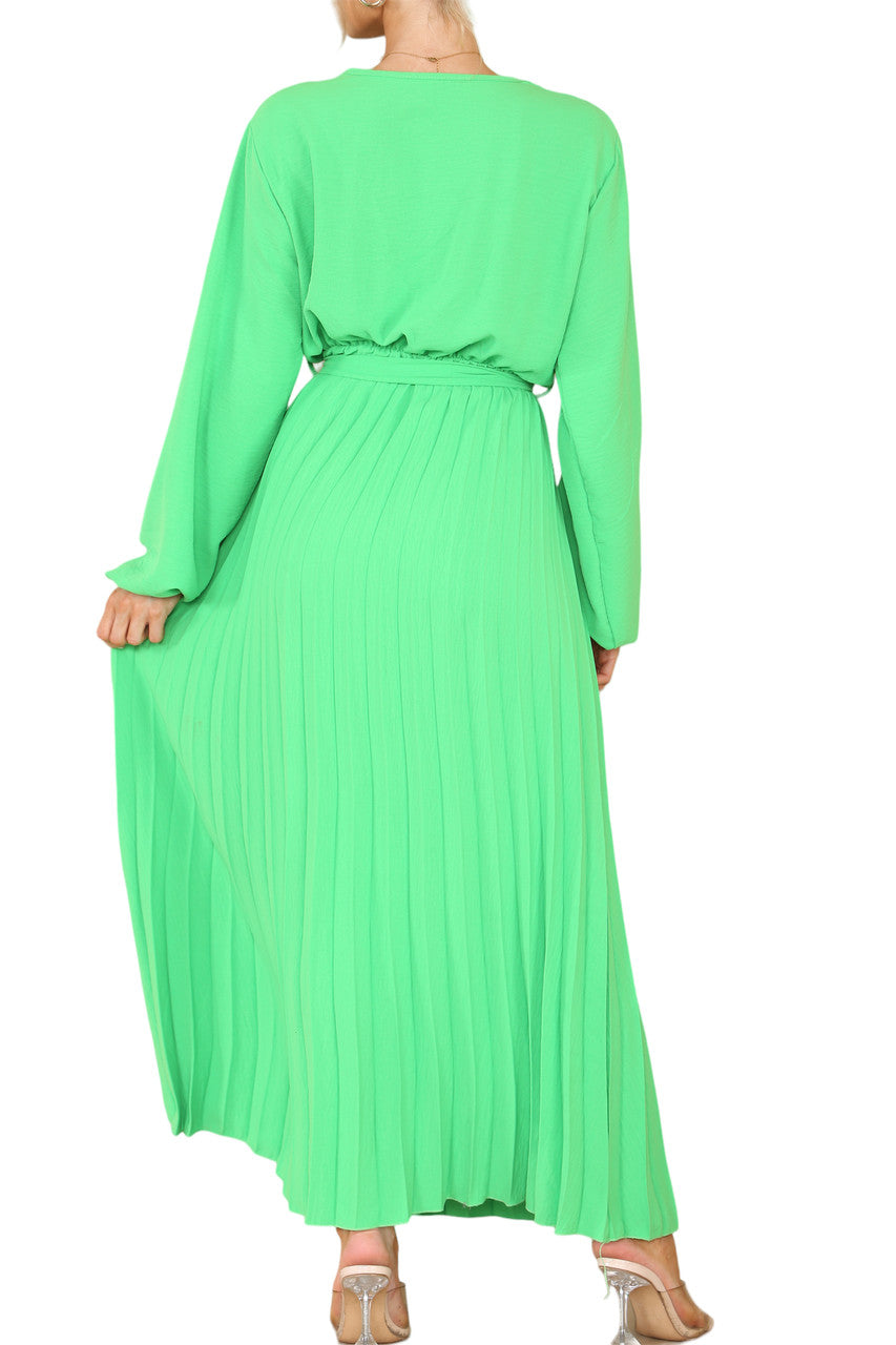 PLAIN PLEATED BOTTOM BELTED WRAP STYLE DRESS GREEN