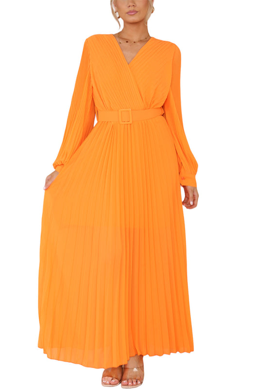 Ladies Pleated Wrap Style Maxi Dress With Belt Orange