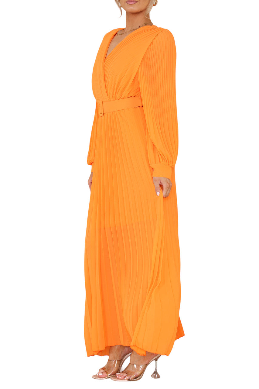 Ladies Pleated Wrap Style Maxi Dress With Belt Orange