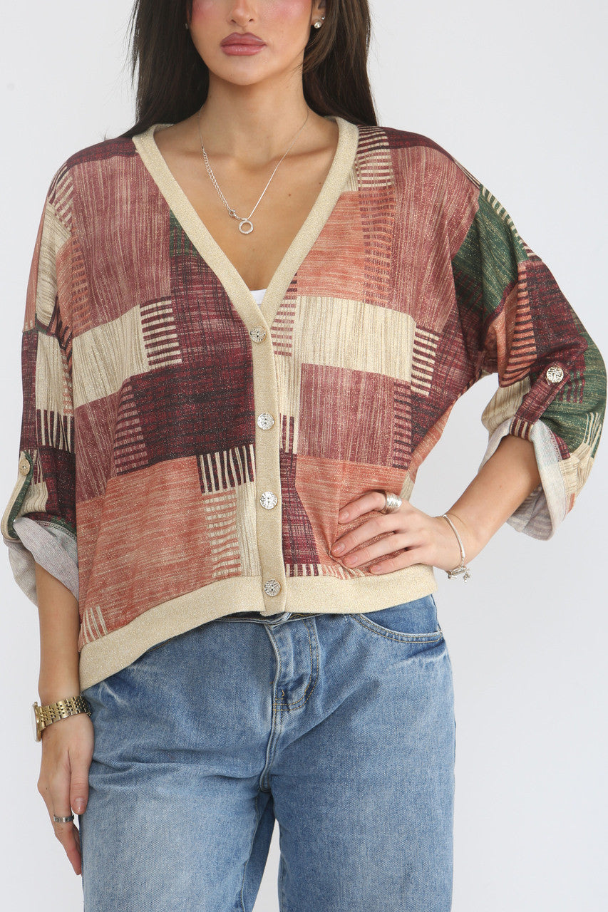 PATCHWORK LUREX PRINT CARDIGAN TOP - ROZE/BEIGE MIX