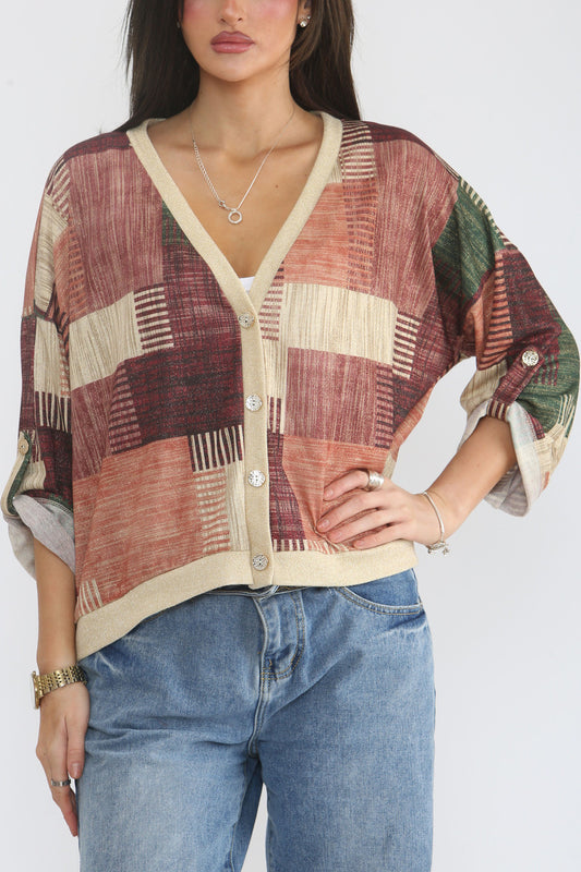 PATCHWORK LUREX PRINT CARDIGAN TOP - ROZE/BEIGE MIX