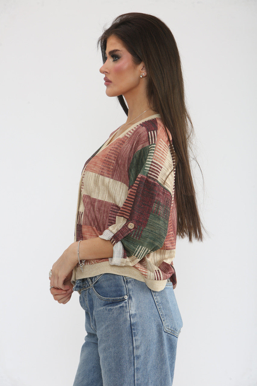 PATCHWORK LUREX PRINT CARDIGAN TOP - ROZE/BEIGE MIX