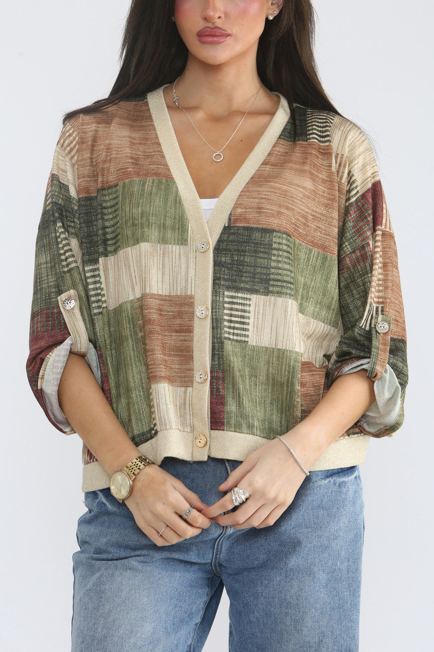 PATCHWORK LUREX PRINT CARDIGAN TOP- GREEN/BROWN MIX