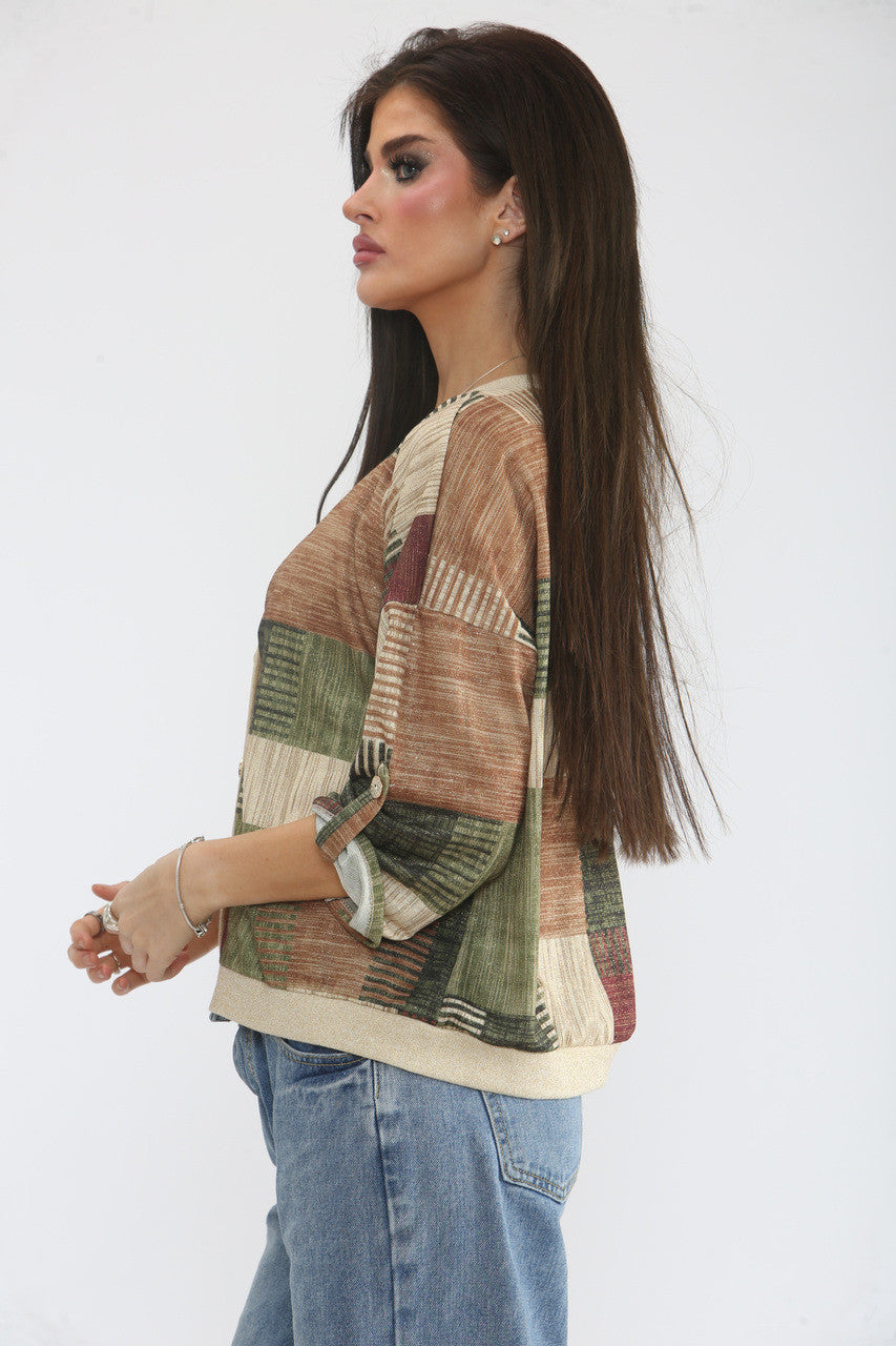 PATCHWORK LUREX PRINT CARDIGAN TOP- GREEN/BROWN MIX