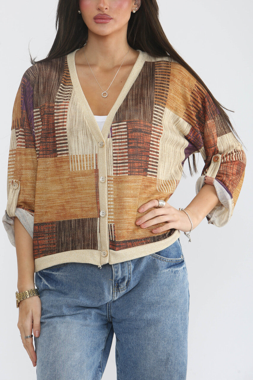 PATCHWORK LUREX PRINT CARDIGAN TOP - PURPLE/BROWN MIX