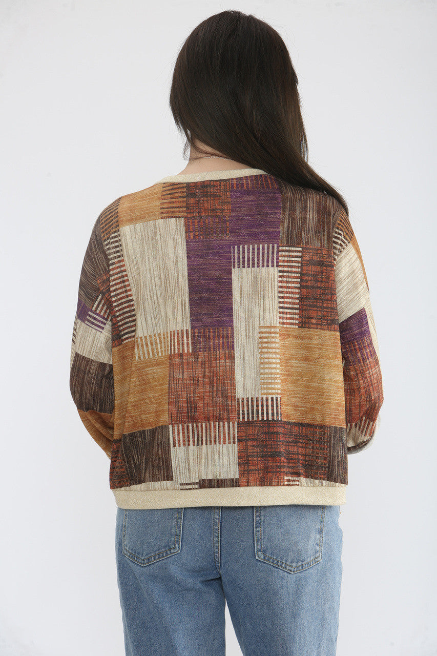 PATCHWORK LUREX PRINT CARDIGAN TOP - PURPLE/BROWN MIX