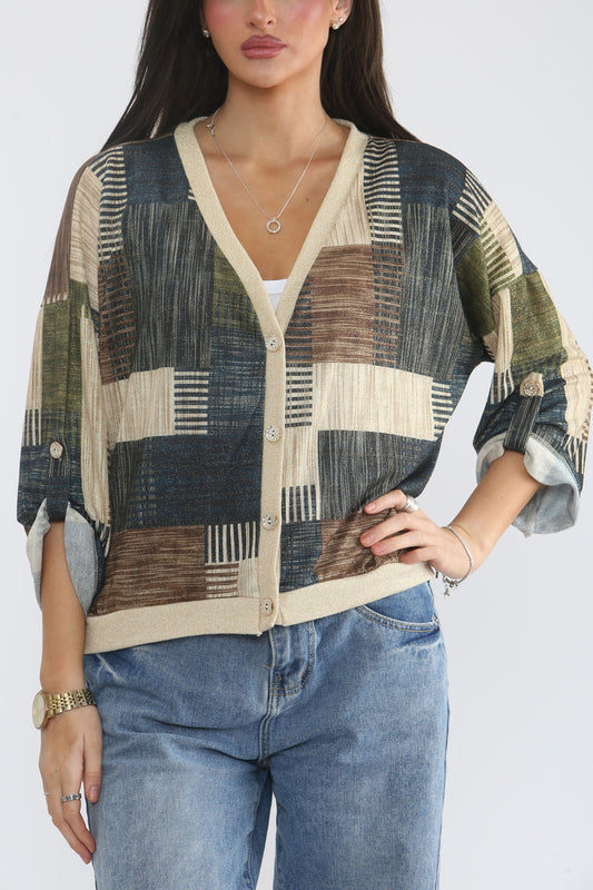 PATCHWORK LUREX PRINT CARDIGAN TOP- BLAUW/BRUIN/GROEN MIX