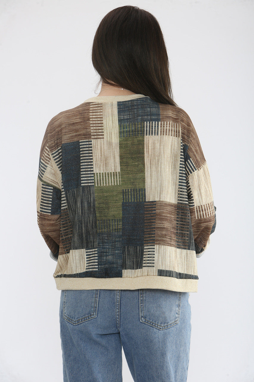 PATCHWORK LUREX PRINT CARDIGAN TOP- BLAUW/BRUIN/GROEN MIX