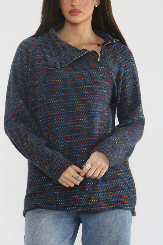 GEBREIDE TRUI MET COLOUR FLECK EN RITS IN DE HALS – DENIM