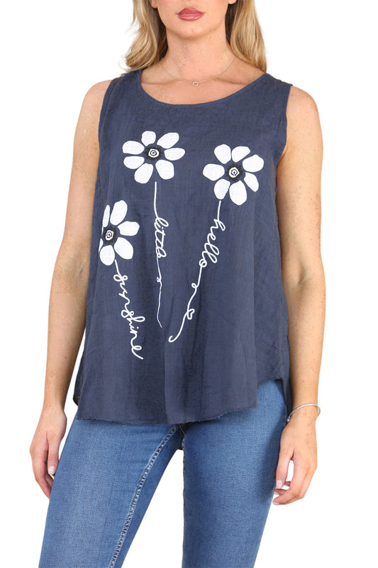 Ladies Flower Stems Sleeveless Vest Top Navy