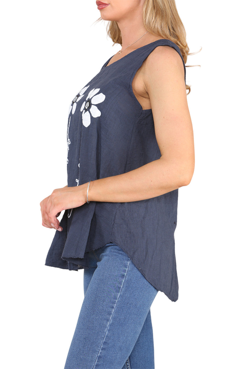 Ladies Flower Stems Sleeveless Vest Top Navy