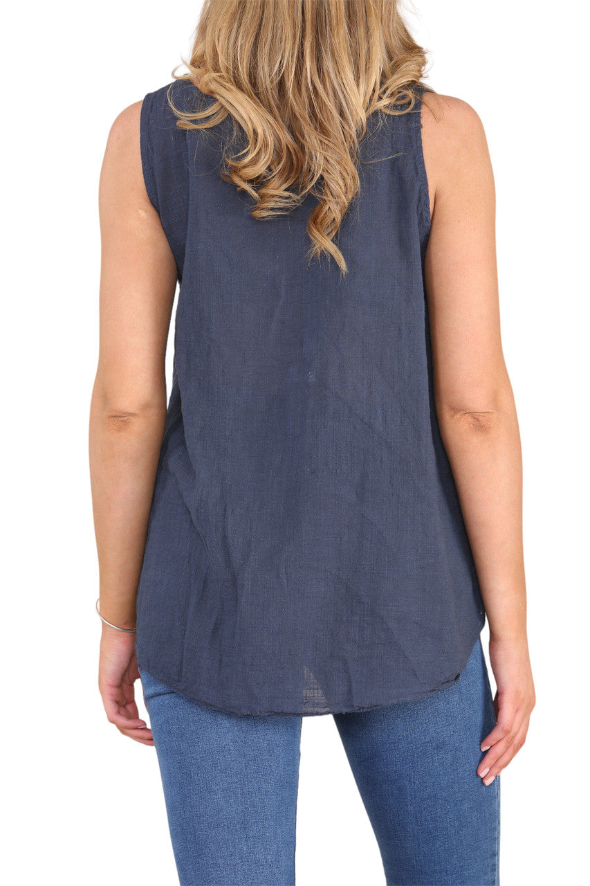 Ladies Flower Stems Sleeveless Vest Top Navy