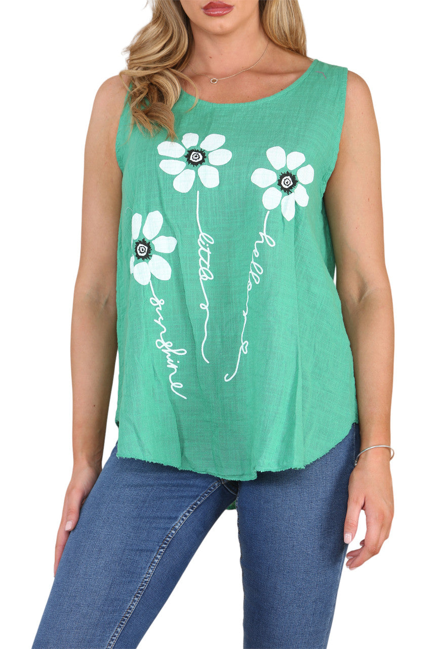 Ladies Flower Stems Sleeveless Vest Top Green