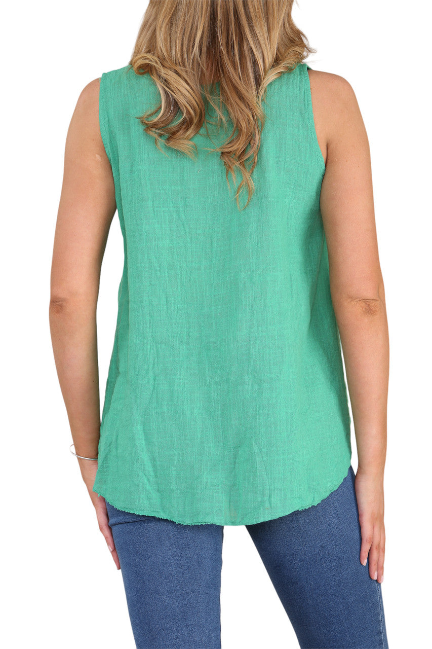 Ladies Flower Stems Sleeveless Vest Top Green