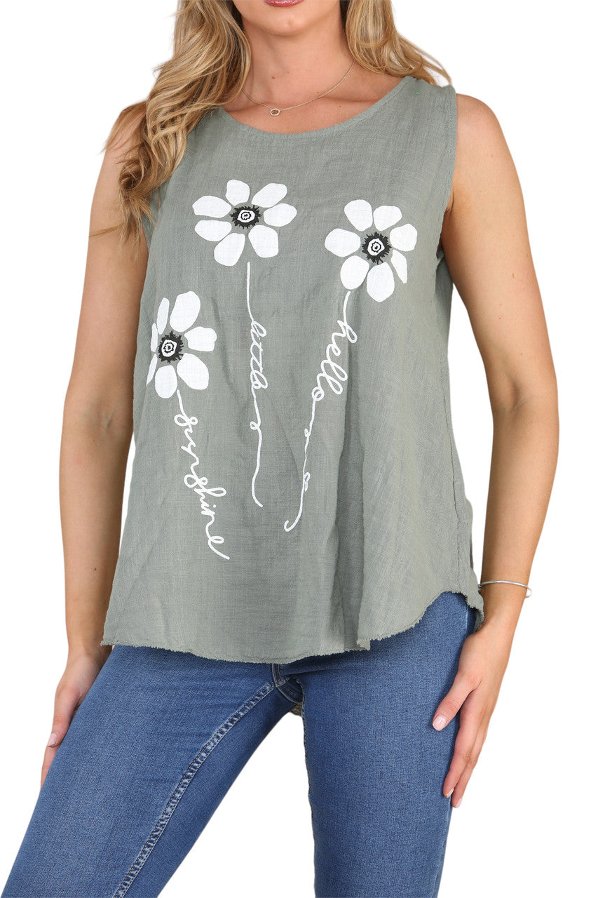 Ladies Flower Stems Sleeveless Vest Top Khaki