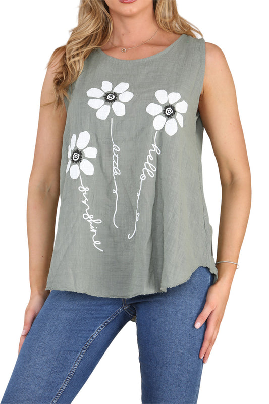 Ladies Flower Stems Sleeveless Vest Top Khaki