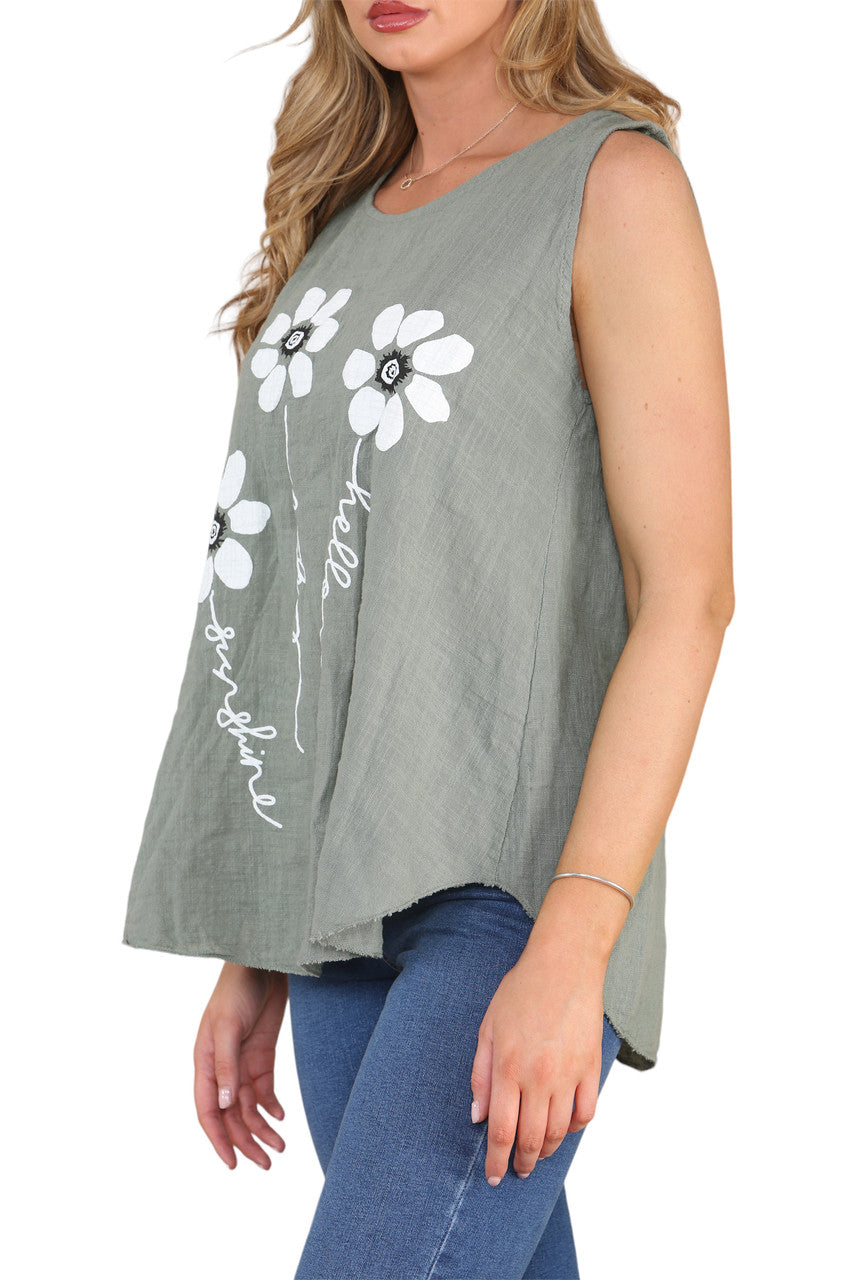 Ladies Flower Stems Sleeveless Vest Top Khaki