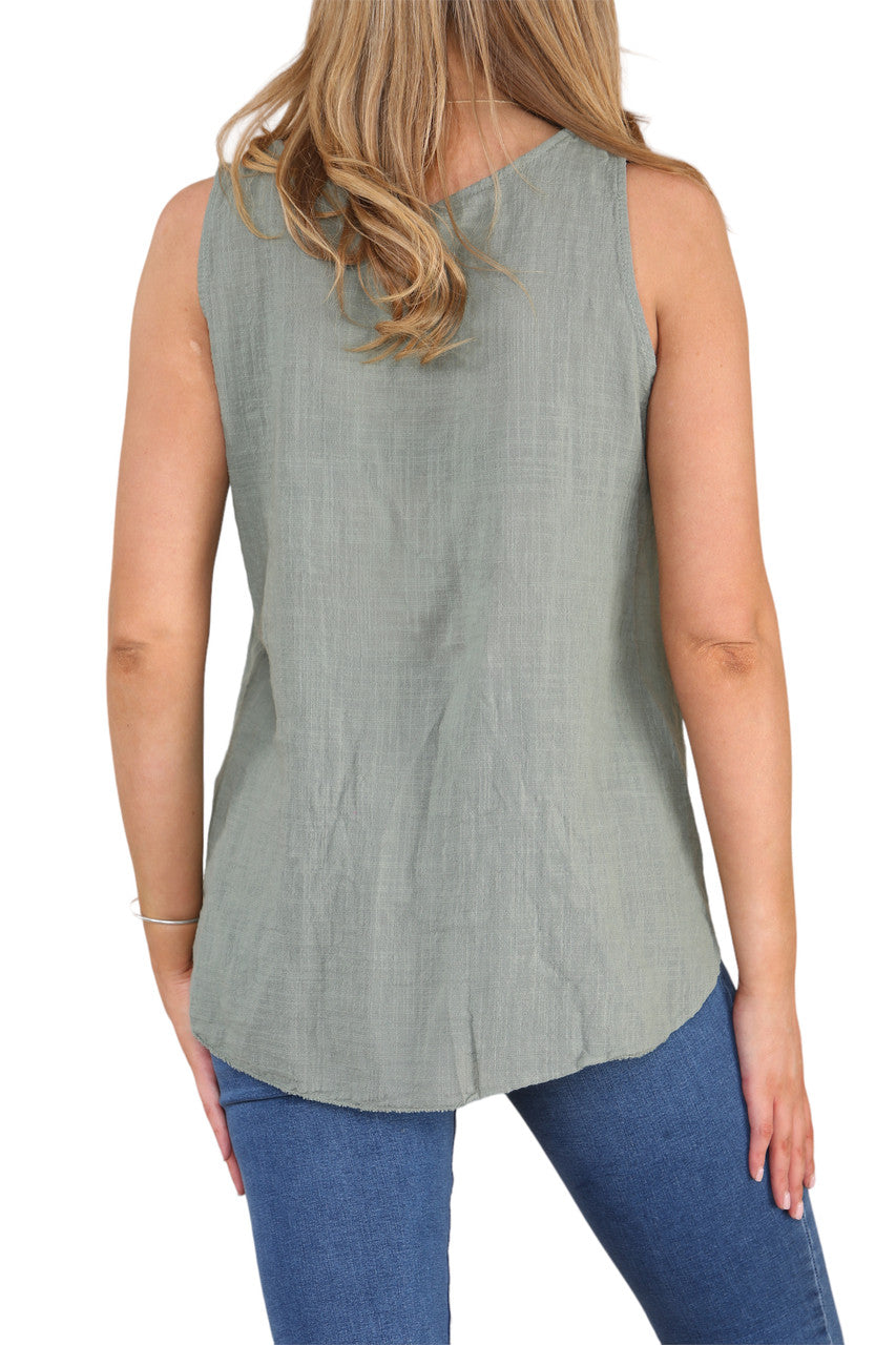 Ladies Flower Stems Sleeveless Vest Top Khaki