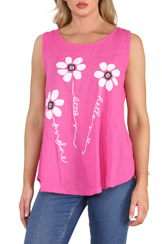 Ladies Flower Stems Sleeveless Vest Top Cerise
