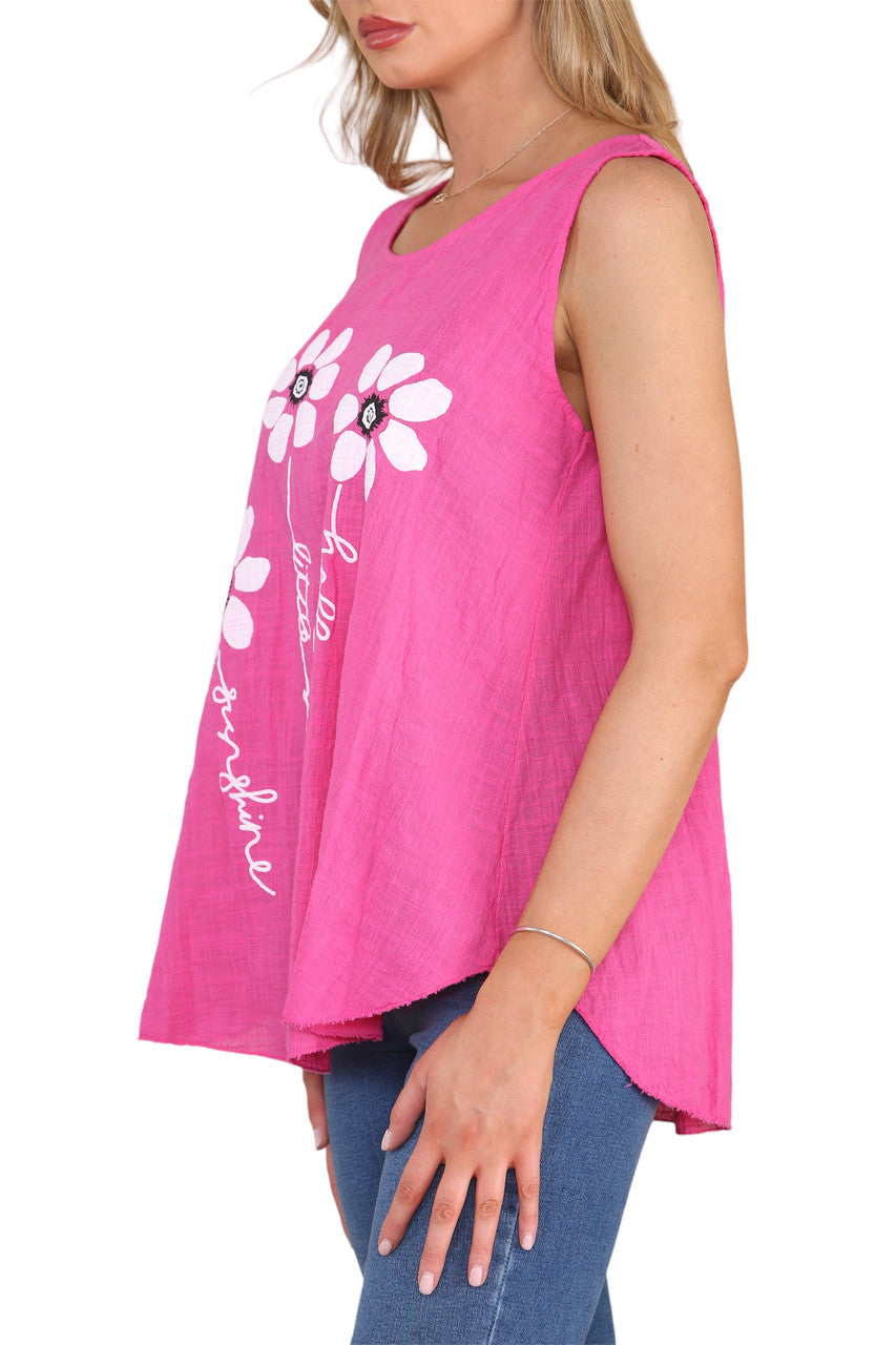 Ladies Flower Stems Sleeveless Vest Top Cerise