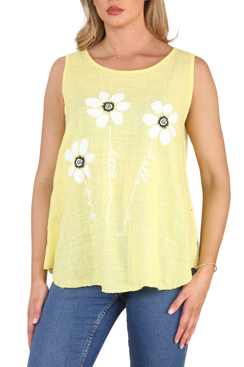 Ladies Flower Stems Sleeveless Vest Top Yellow