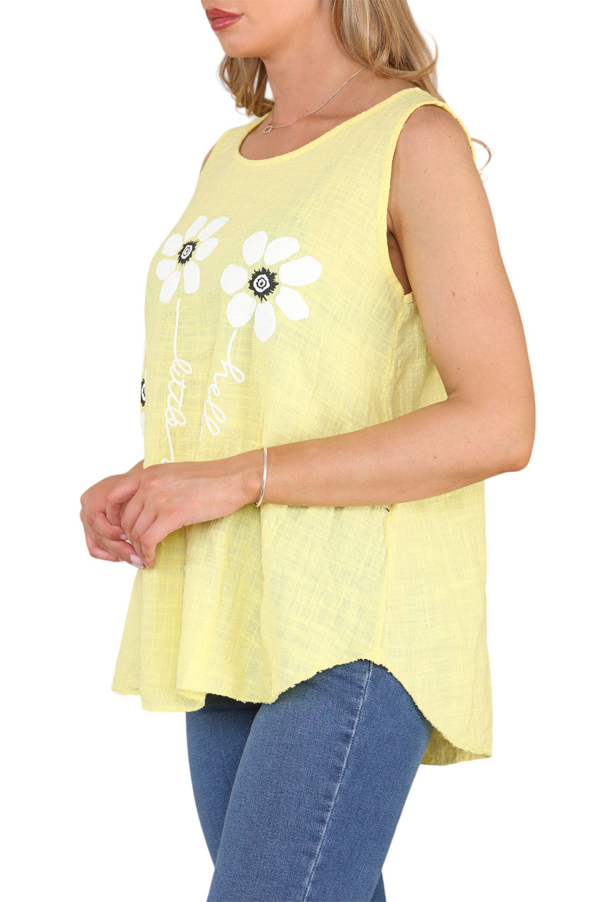 Ladies Flower Stems Sleeveless Vest Top Yellow