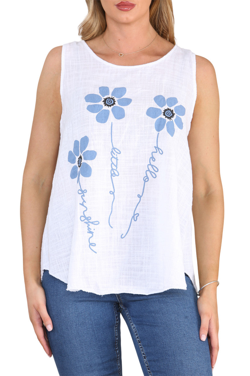 Ladies Flower Stems Sleeveless Vest Top White
