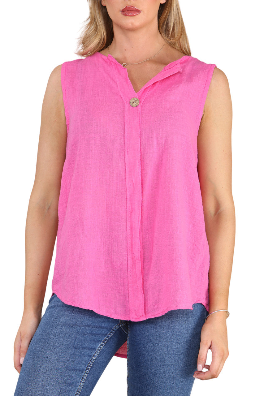 OVERHEMD MET GROTE KRAAG, KNOPENSLUITING EN ZONDER MOUWEN, CERISE ROOD
