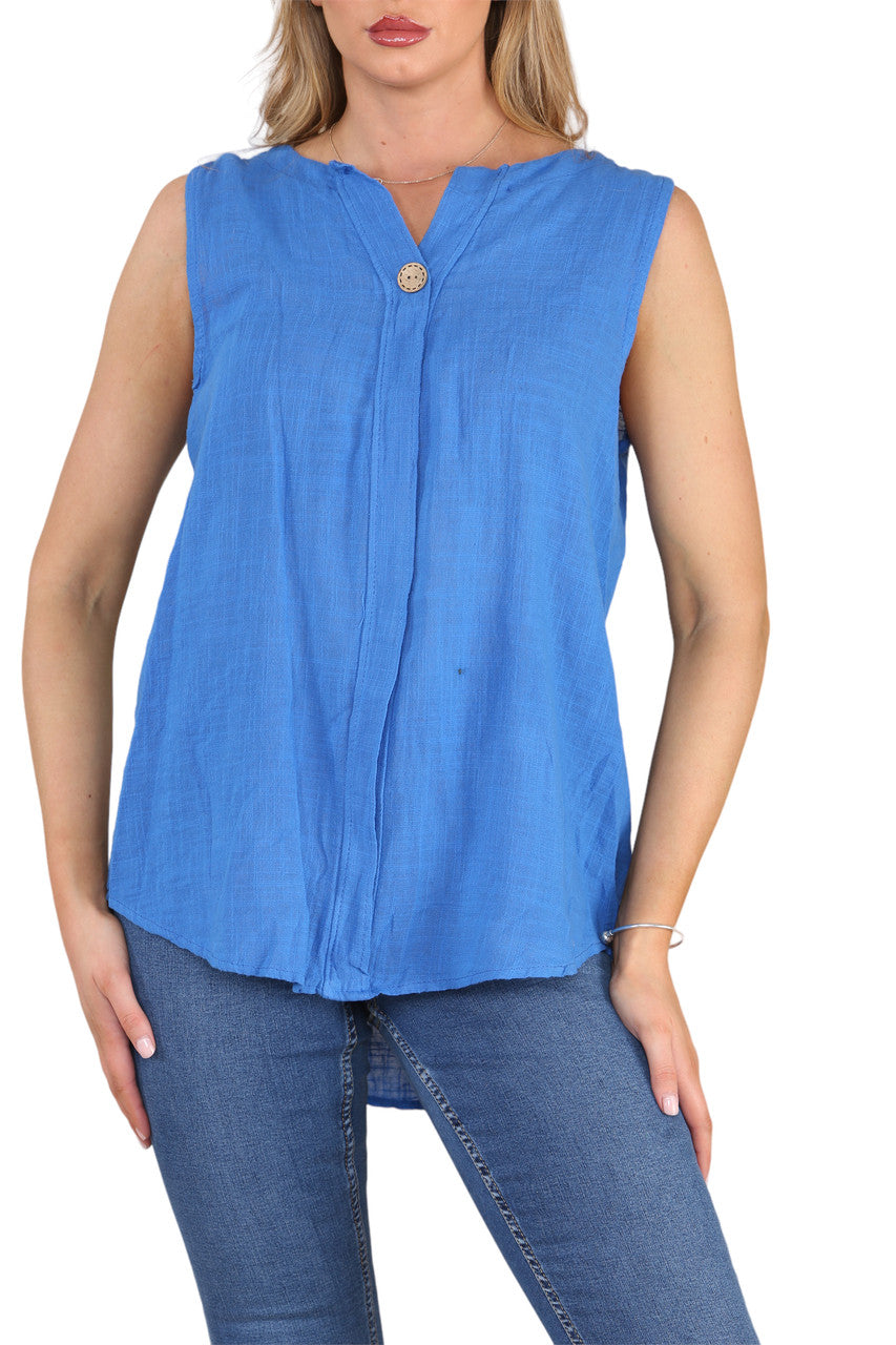 Ladies Grandad Collar Sleeveless Top Royal Blue